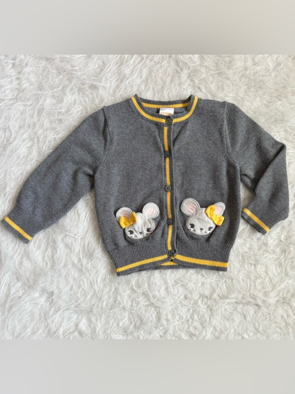 Gymboree Baby Girl Gray Cardigan Sweater with Yellow Trim and Mouse Pockets